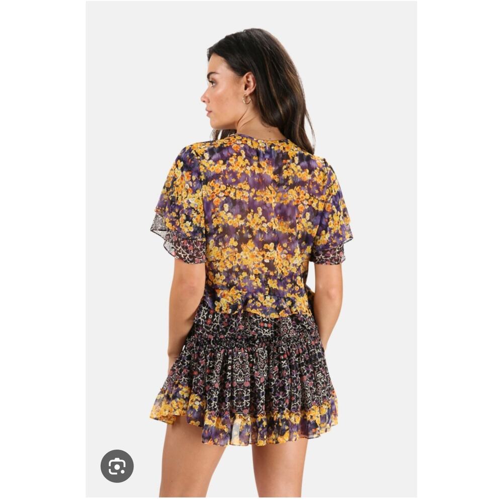 Misa Womens Designer Black Gold Floral Raziela Sheer Ruffle Top XS - Picture 2 of 10